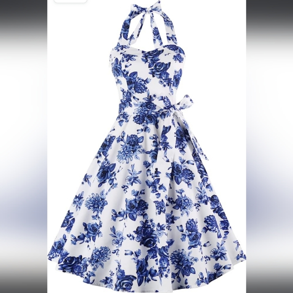 White and blue floral print halter neck dress with corseting detail in back